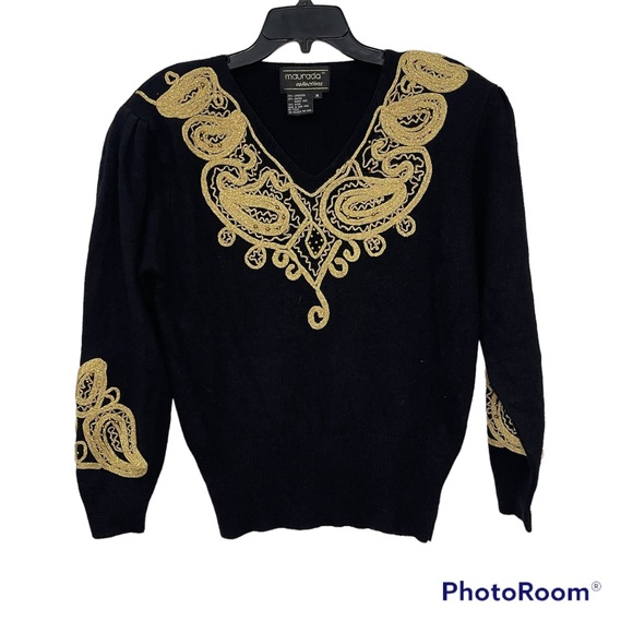 Vintage Maurada Sweater Lambswool Angora Rabbit Hair Blend black Gold details M - Picture 1 of 10